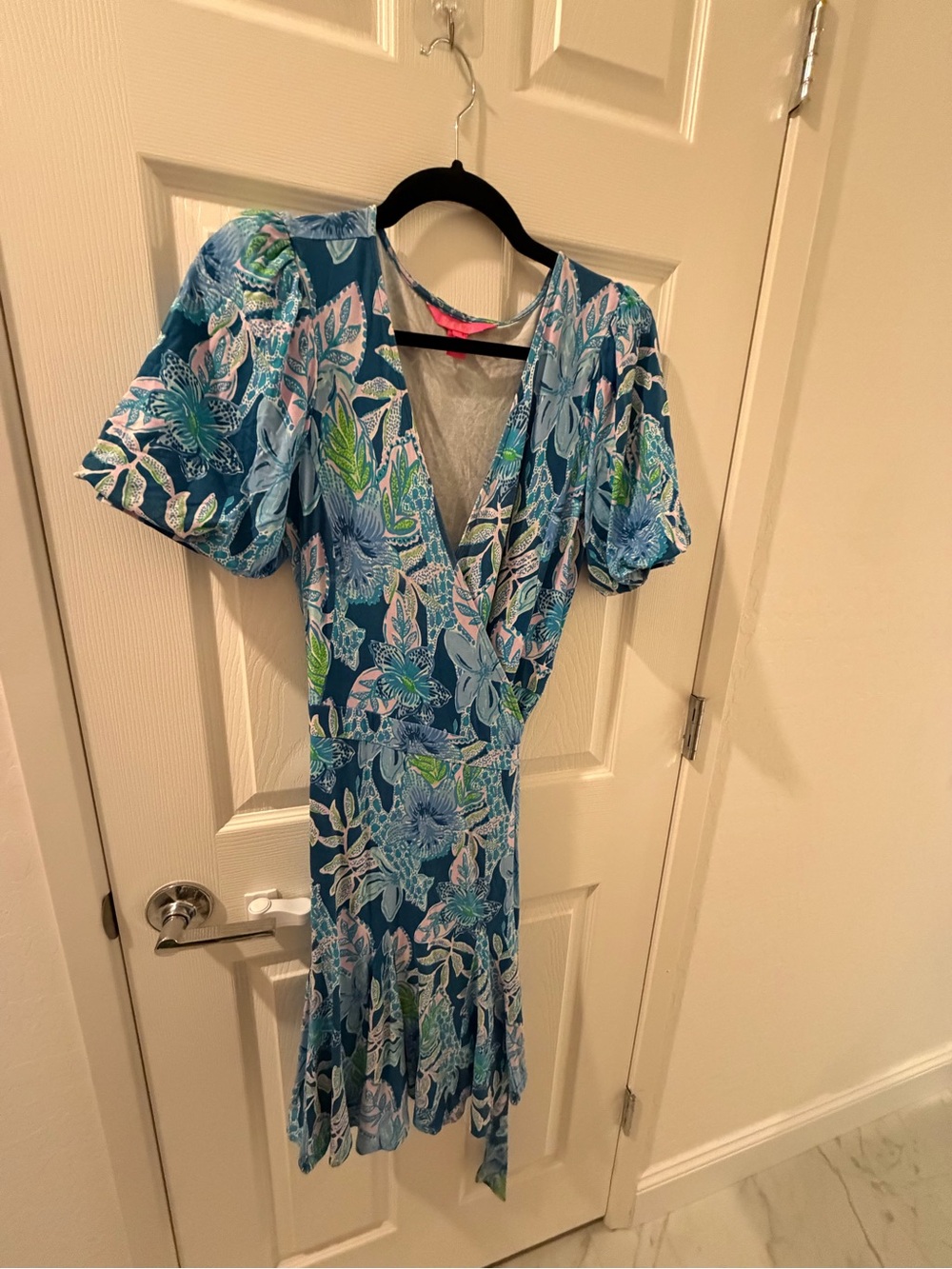 Lilly Pulitzer Teal Floral Wrap Dress with Puff Sleeves